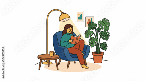 A woman sitting on a blue armchair reading a book under a floor lamp