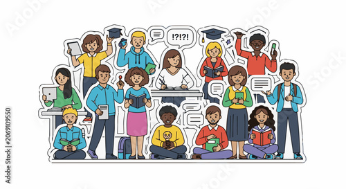 A vibrant illustration of diverse students with books
