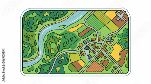 Aerial view of a rural landscape with a river, roads, fields, and buildings
