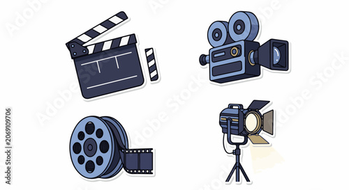 Cartoon film equipment illustrations including a clapperboard, camera, spotlight, and film reel