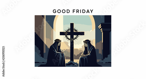 Illustration of two figures in prayer beside a cross on Good Friday
