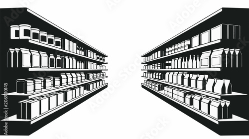 A black-and-white illustration of two aisles of grocery store shelves stocked with products