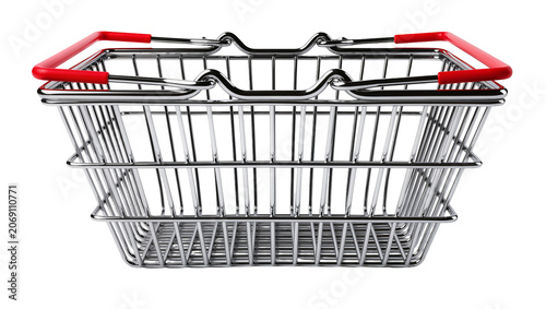 Fotografija Isolated empty metal shopping basket with red handles, a classic store cart for
