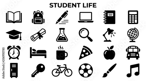Принти на полотні Student life icons and symbols representing education, learning, and campus acti