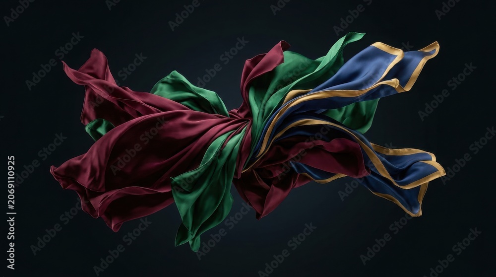 Fototapeta premium Abstract flowing silk fabric in deep burgundy, emerald green, and navy blue