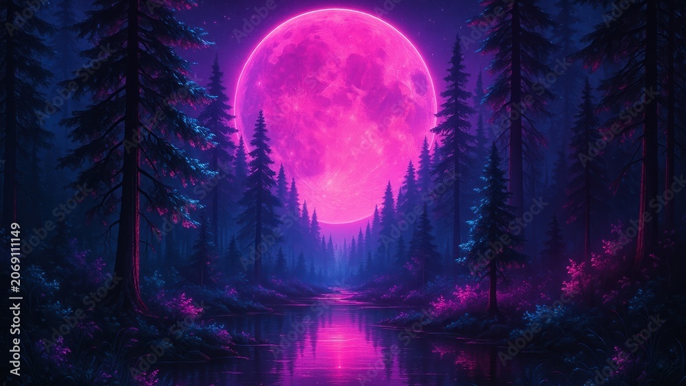 Fototapeta premium Vibrant moonlit forest wallpaper for desktop