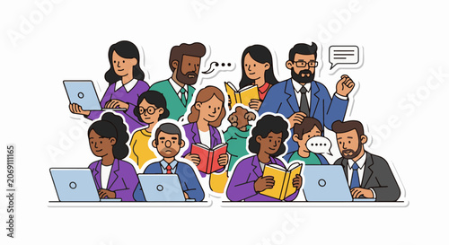 A diverse group of people engaged in learning with laptops and books
