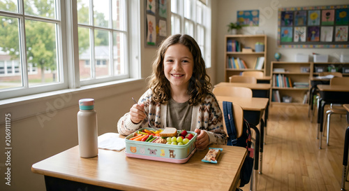 School lunch break. Smiling elementary girl eating healthy food from lunchbox at classroom desk photo