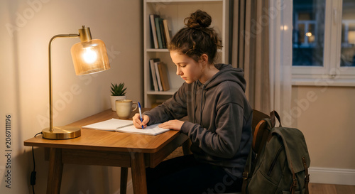 Homework at night. Teenage girl student writing in notebook under table lamp light at home photo