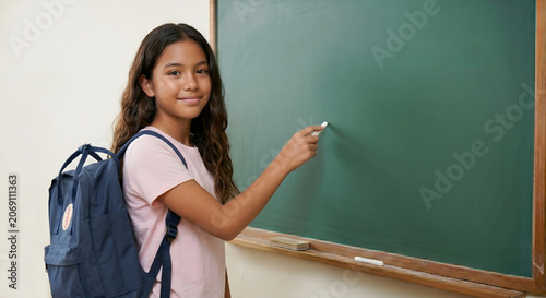 Back to school concept. Smiling school girl writing with chalk on green blackboard photo
