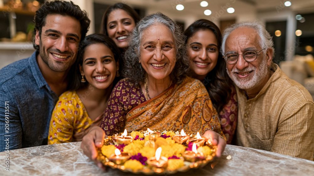 Fototapeta premium Realistic commercial stock photo of a Gujarati joint family in Ahmedabad celebrating Diwali and Lakshmi puja together in a spacious modern apartment, three generations gathered aro