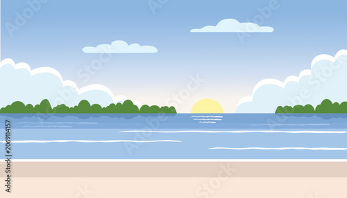 Sunrise over the ocean with green islands and sandy beach. Serene Beach Sunrise Landscape. Tropical Coastline at Dawn. Peaceful Ocean Sunrise and Sandy Beach.