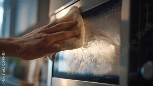 Person Cleaning Stainless Steel Oven Glass Door with Microfiber Cloth