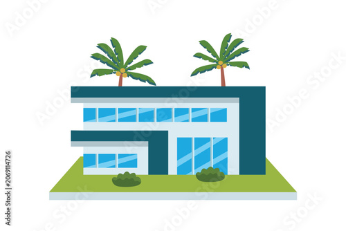 Tableau sur toile Modern tropical house with palm trees on the roof