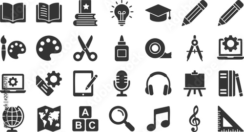 Cuadro en lienzo Comprehensive school and creative arts icons set with musical instruments and te