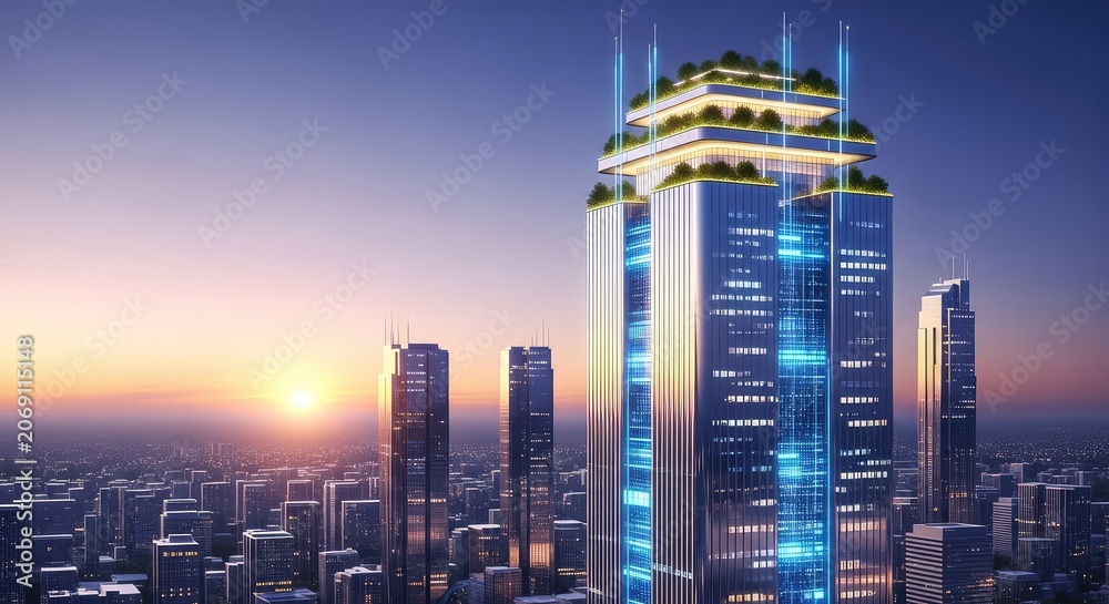Fototapeta premium A futuristic urban landscape featuring sleek skyscrapers integrated with glowing digital data networks, clean energy grids, and green roofs, system, iot, network