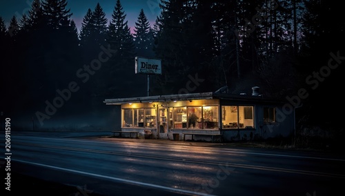 Small diner illuminated at night by the side of a road in a dark forest. Retro roadside restaurant building with neon light. Mystery, travel and loneliness concept in rural area.