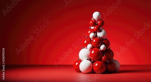 A minimalist holiday scene featuring a stylized Christmas tree formed by glossy red and white ornaments arranged neatly on a red surface, shiny, card, arrangement