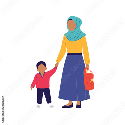 Woman and child holding hands, flat vector illustration