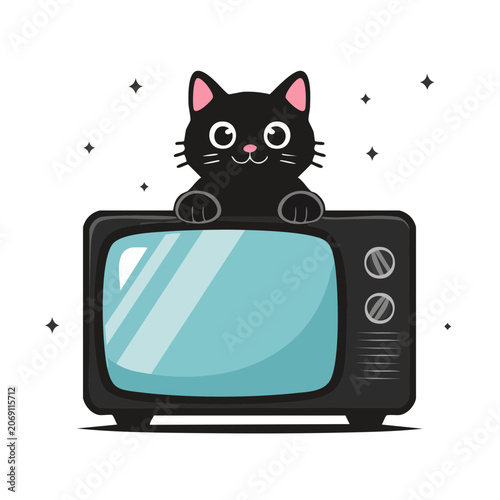 Black cat sitting on vintage television vector illustration