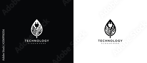 Green Technology Leaf Circuit Logo Design with Electric Plug