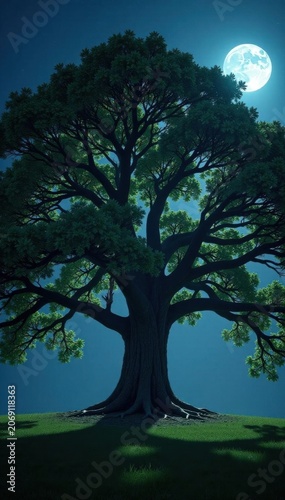 Massive oak, moonlight filtering through leaves , branches, big, backdrop