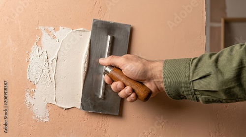 Professional worker applying white plaster to a smooth wall surface using a metal trowel for home interior renovation