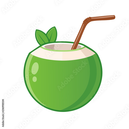Green Coconut Drink with Straw and Leaf