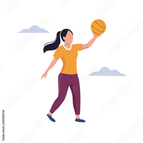 Woman playing basketball flat vector illustration