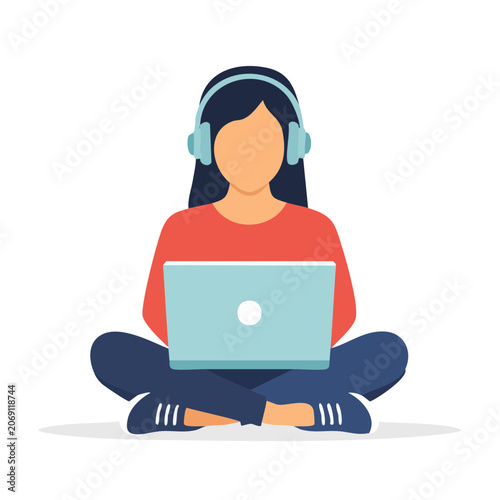 Woman using laptop with headphones in flat vector style