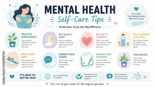 Mental Health Self-Care Tips Infographic for Wellness and Healthy Lifestyle
