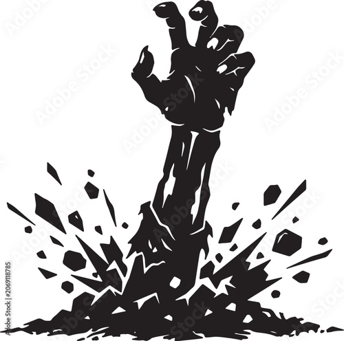 Fotografie Zombie hand vector, terrifying silhouette of dead rising from ground, scary undead arm breaking through earth, halloween horror theme