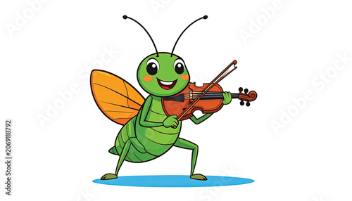 Green grasshopper playing a violin.