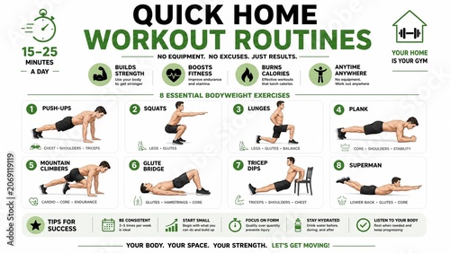 Quick Home Workout Routines Infographic with 8 Essential Bodyweight Exercises