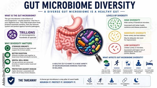 Gut Microbiome Diversity Infographic Explaining Digestive Health and Probiotics