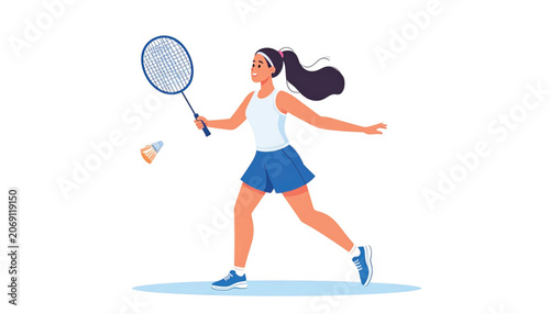 Woman Playing Badminton with Racket.