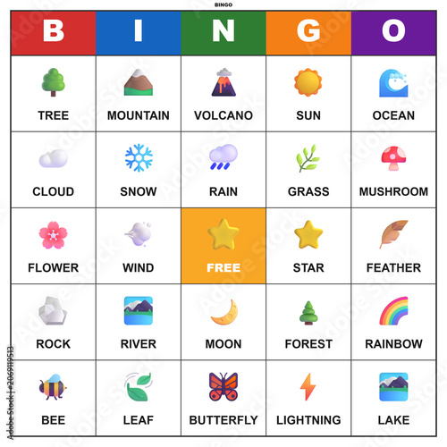 Bingo game card with weather and nature vocabulary. Printable 5x5 grid for classroom and homeschool learning