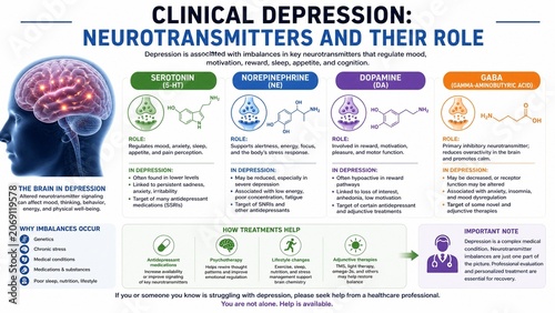 Clinical Depression and Neurotransmitters Educational Medical Infographic