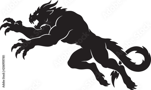 Foto Ferocious monster silhouette creature with sharp claws and teeth attacking pose monstrous beast with dragon like features powerful mythical animal on transparent background
