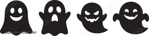 Photos Collection of four ghost silhouettes with happy and mean facial expressions designed for halloween celebration graphics and social media stickers