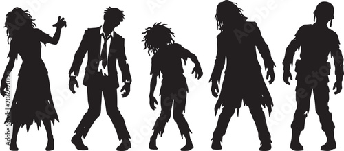Set of five different walking zombie silhouettes in various outfits including suit dress and uniform isolated on transparent background design.