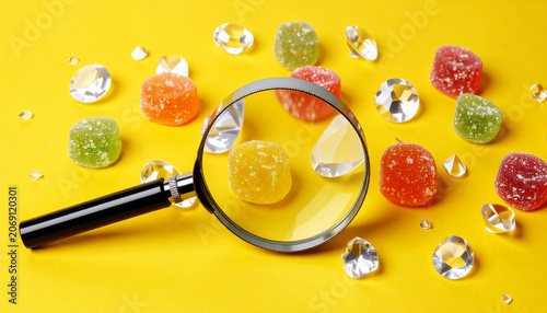 Magnifying Glass on Yellow Surface with Gummy Candies and Diamonds