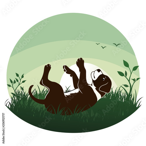 cute boxer puppy silhouette rolling on grass playful motion vector