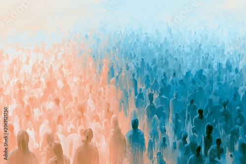 Abstract representation of a diverse crowd divided by color gradient.