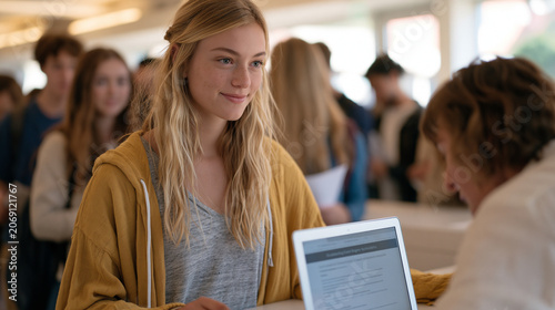 University registrar office crowded with students clutching enrollment paperwork, one young woman at the counter holds up a laptop showing an online degree accreditation page