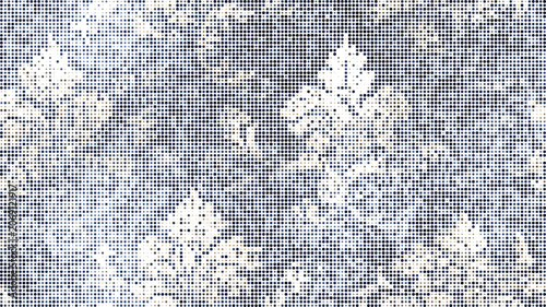 Intricate floral leaf pattern rendered in a halftone dot matrix with blue and beige tones creating a textured and classic visual effect