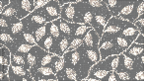 Leaf and vine halftone pattern with dark gray and brown square dots on a white background, for textile or use
