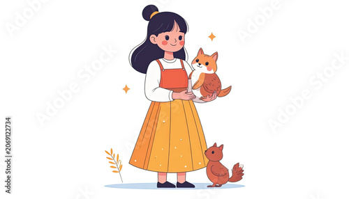 Little girl with cute cartoon foxes.