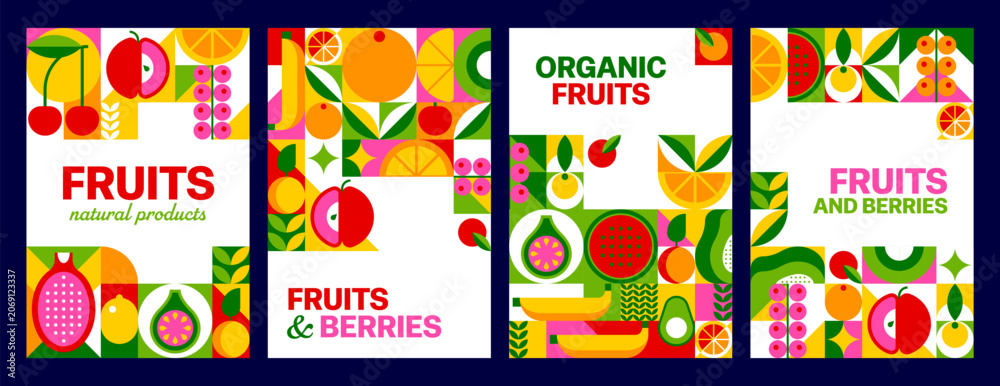 Fototapeta premium Tropical fruits and berries mosaic posters with geometric pattern. Natural product and food tiles with bold color blocks and abstract shapes. Retro modern fresh organic produce, summer healthy eating