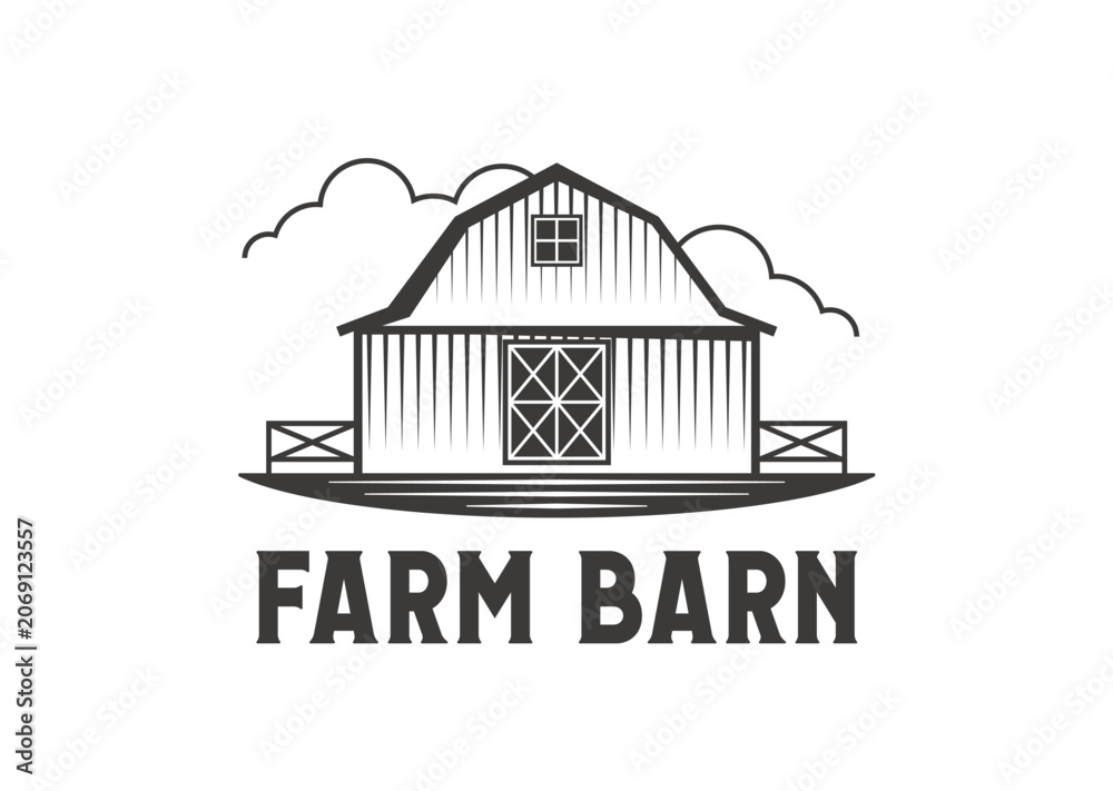 Fototapeta premium Rustic farm barn icon for farmhouse and warehouse symbol of farmer, house. Farmland building and barn for farm market emblem in line silhouette of ranch or cattle farm for agriculture farming